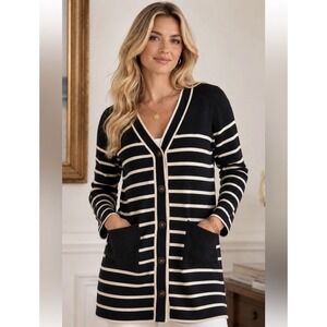 Tuckernuck Striped Cardigan Sweater Black White Gold Button V-Neck Size S $298